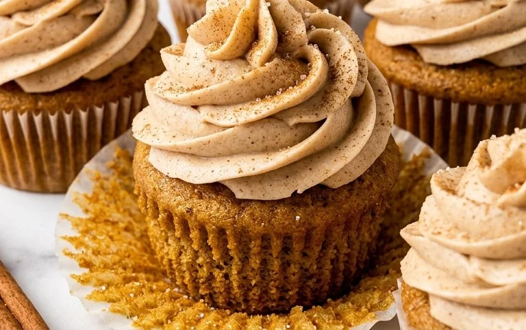 Vanilla Chai Pumpkin Latte Cupcakes with Cinnamon Brown Sugar Frosting