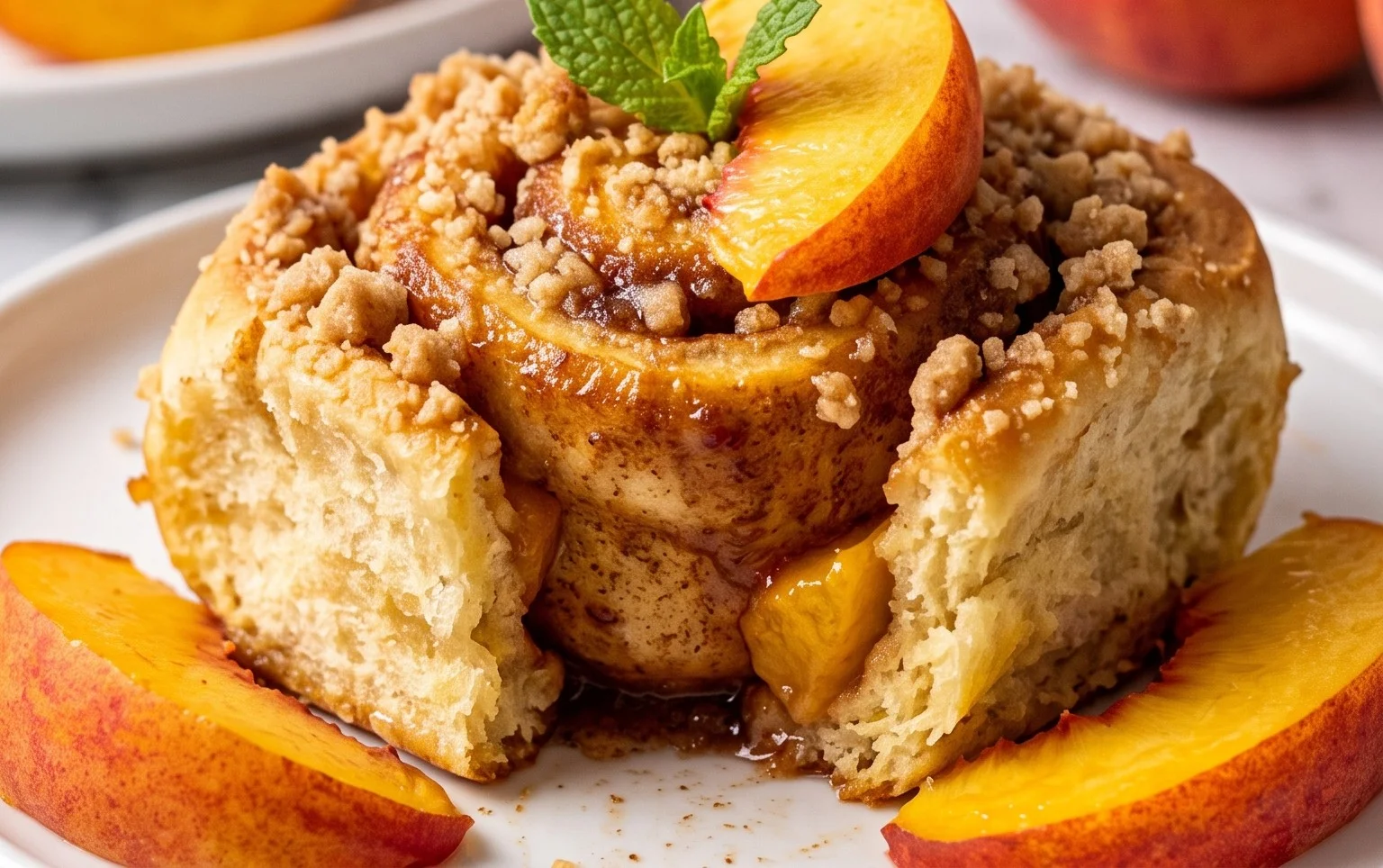 Peach Cobbler Cinnamon Rolls with Crumb Topping