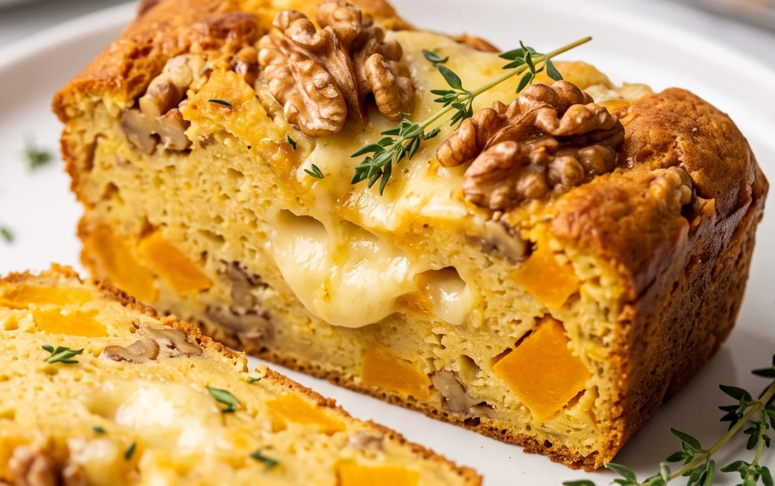 Cake salé à la courge butternut, fromage et noix